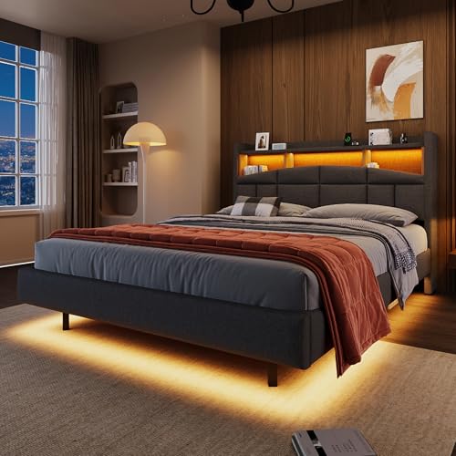 Gegtuon Doppelbett Polsterbett 140x200 mit LED-Licht, USB-Bett mit Stauraum Kopfteil, Gästebett Jugendbett Stauraumbett Bettgestell mit Holz Lattenrost für Schlafzimmer, ohne Matratze, Leinen (Grau) von Gegtuon