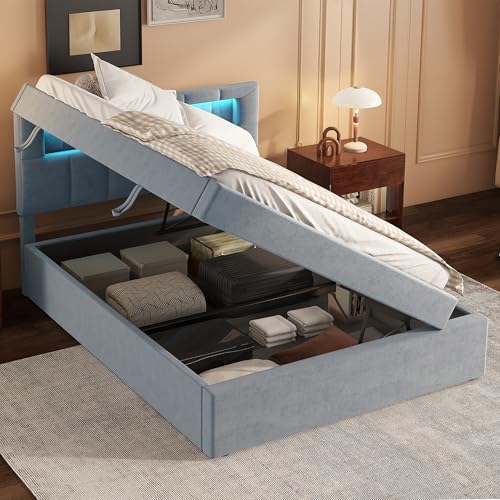 Gegtuon Kinderbett Bett 90x200 cm für Kinder mit LED-Licht, Polsterbett Einzelbett mit Hydraulisch Stauraum Underbett und Kopfteil, Stauraumbett Bettgestell mit Lattenrost, ohne Matratze, Samt (Grau) von Gegtuon