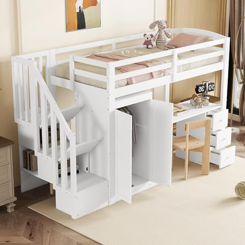 Gegtuon Kinderbett Bett 90x200 für Kinder mit Schreibtisch und Kleiderschrank, Hochbett Hausbett mit Stauraum Schubladen und Treppe, Bettgestell mit Lattenrost und Rausfallschutz, ohne Matratze, Weiß von Gegtuon