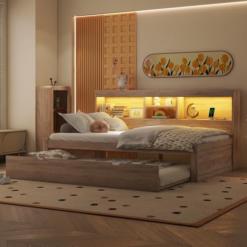 Gegtuon Kinderbett Einzelbett Holzbett 90x200 cm mit LED-Licht & USB-Buchse für Kinder, Jugendbett mit Ausziehbares Bett und Stauraum Regal, Bettgestell mit Lattenrost aus Holz, ohne Matratze, Natur Gegtuon Kinderbett Einzelbett Holzbett 90x200 cm mit LED-Licht & USB-Buchse für Kinder, Jugendbett mit Ausziehbares Bett und Stauraum Regal, Bettgestell mit Lattenrost aus Holz, ohne Matratze, Natur von Gegtuon