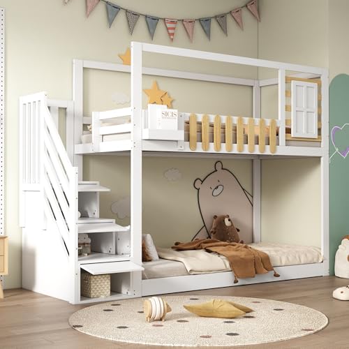 Gegtuon Kinderbett Etagenbett 90x200, Bett Bettgestell mit Stauraum Regal und Treppe, Hochbett mit Fenster & Gitter, Holzbett Hausbett mit Lattenrost und Rausfallschutz für Kinder, ohne Matratze, Weiß Gegtuon Kinderbett Etagenbett 90x200, Bett Bettgestell mit Stauraum Regal und Treppe, Hochbett mit Fenster & Gitter, Holzbett Hausbett mit Lattenrost und Rausfallschutz für Kinder, ohne Matratze, Weiß von Gegtuon