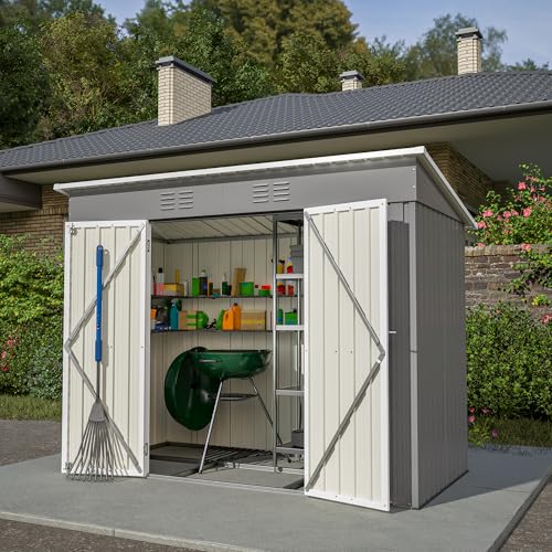 Gegtuon Metall Gerätehaus 229x111x182 cm, Geräteschuppen Gartenhaus mit Satteldach, Gartenschrank mit 2 Türen & Stauraum Regal, Wetterfest Outdoor Schuppen Gartenschuppen für Garten Terrasse, Grau von Gegtuon