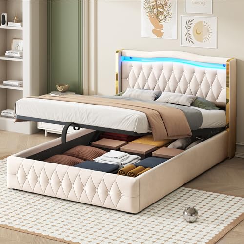 Gegtuon Polsterbett Bett 140x200 cm mit Rautenakzenten, Doppelbett mit LED-Licht und Kopfteil, Stauraumbett Bettrahmen mit Hydraulisch Stauraum, Jugendbett mit Lattenrost, ohne Matratze, Samt, Beige von Gegtuon