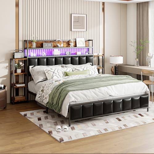 Gegtuon Polsterbett Bettrahmen 160x200 mit LED-Beleuchtung, Doppelbett mit Stauraum Kopfteil Regal, Jugendbett Bett mit Lattenrost aus Holz für Schlafzimmer, Kunstleder, Schwarz, ohne Matratze von Gegtuon