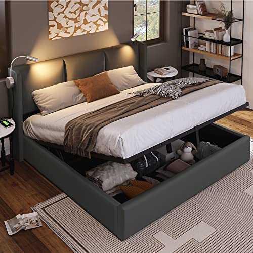 Gegtuon Polsterbett Doppelbett 140x200 cm, Bett Bettgestell mit LED-Beleuchtung USB-Ladefunktion und Kopfteil, Jugendbett mit Hydraulisch Stauraum und Lattenrost aus Holz, PU, Grau, ohne Matratze von Gegtuon