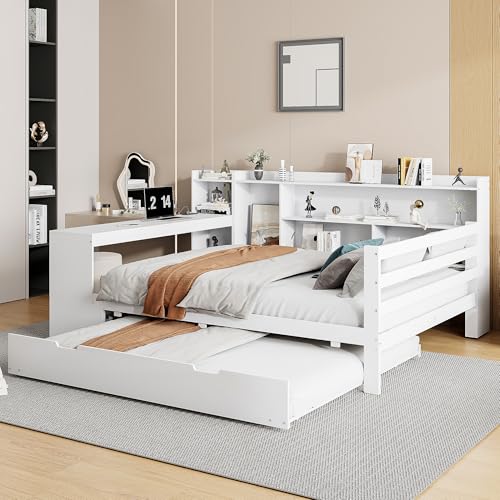 Gegtuon Schlafsofa Doppelbett 140x200, USB-Sofabett mit Ausziehbares Rollbett und Stauraum Regal, Bett Holzbett Tagesbett Jugendbett Bettgestell mit Tisch und Lattenrost aus Holz, ohne Matratze, Weiß von Gegtuon