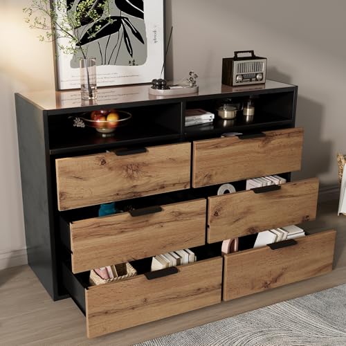 Gegtuon Schrank Kommode Sideboard, Schubladenschrank Lowboard mit 6 Schubladen Stauraum und Offenen Fächern für Schlafzimmer, Möbel für Wohnzimmer Kinderzimmer Küche Flur, 120x80x40 cm, Eiche von Gegtuon