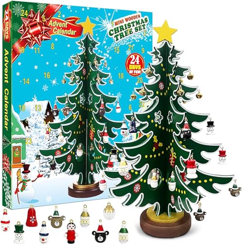 Adventskalender 2023 24 Tage Weihnachten Countdown Kalender Holzbaum mit Miniaturornamenten Tischplatte DIY Mini Baum für Weihnachten Schreibtisch Dekoration oder Geschenk von Gehanico