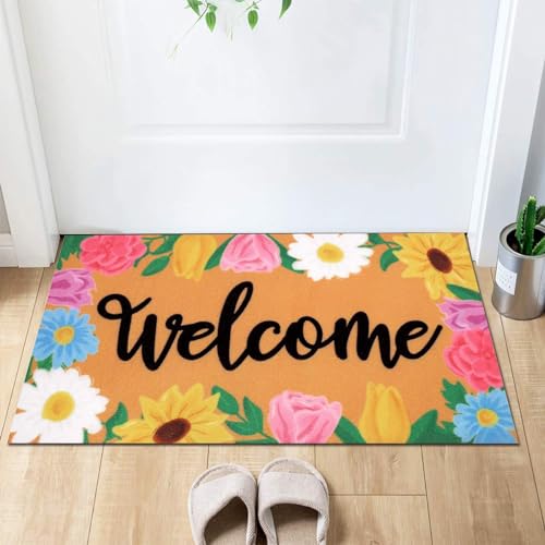 Gehanico Fußmatte mit Aufschrift "Welcome Spring Flower", groß, bunt, rutschfest, abriebfest, für drinnen und draußen, 76,2 x 43,2 cm (1 Stück) von Gehanico