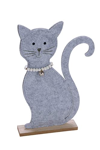 Gehlmann putzige Deko-Katze Miezekatze als Flache Silhouette aus grauem Filz mit weißer Holzperlenkette und Glöckchen (klein ca. 29,5 cm hoch) von Gehlmann