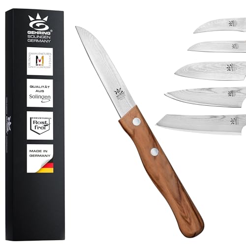 Gehring Solingen Look Damast Gemüsemesser I 8 cm Klingenlänge I eisgehärter Damaststahl VG10 I ergonomischer Olivenholzgriff I Küchenmesser I Schälmesser I Damastmesser I Made in Germany von GEHRING