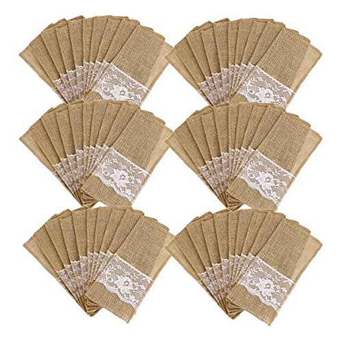 Geieold 100 SttCk Sackleinen Spitze Besteck Beutel Rustikale Hochzeit Geschirr Messer Halter Tasche Hessische Tisch Dekoration ZubehhR von Geieold