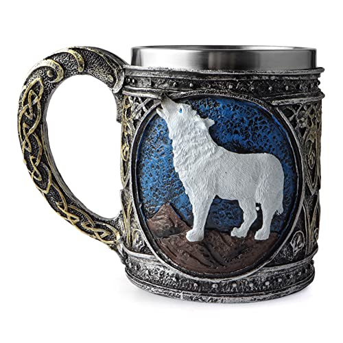 Edelstahl Wolf Tasse, Harz 3D stereoskopische Retro Wölfe Tasse, Kaffeebecher, Halloween Bierkrug Metallbecher, Wolf Dekor Wolf Geschenke für Männer von Geila