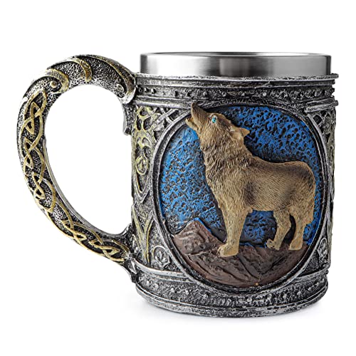 Edelstahl-Tasse, Wolfsbecher, Kunstharz, 3D, stereoskopisch, Retro-Wölfe-Tasse, Kaffeetasse, Halloween-Bierkrug, Metallbecher, Wolfs-Dekor, Wolfs-Geschenk für Männer von Geila