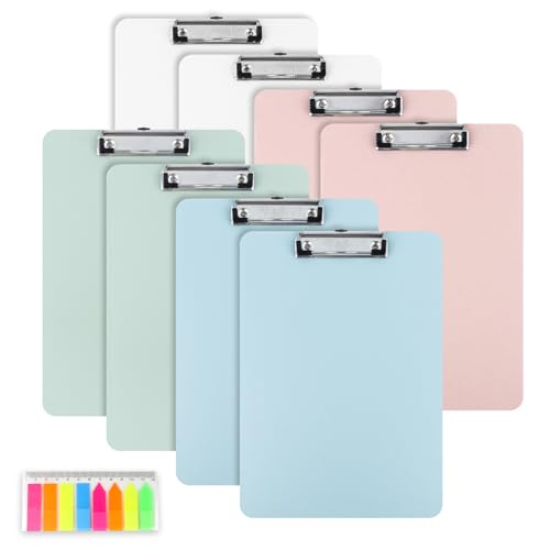 Geila Kunststoff-Klemmbrett mit Stifthalter, 8-teiliges Set aus A4-Klemmbrett und Tischhalter mit Haken, 31,2 x 22,4 cm, geeignet für Büros, Schulen, Krankenhäuser (weiß + pink + grün + blau) von Geila