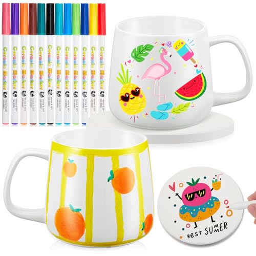 Geiserailie 2 Weiß Keramik Tassen Bemalen Set mit 2 Blanko Untersetzer 12 Porzellanstifte Tasse Bastelset Kaffeebecher DIY Geschenk für Erwachsene, Untersetzer Nicht im Ofen Erhitzen(Bauch Stil) von Geiserailie