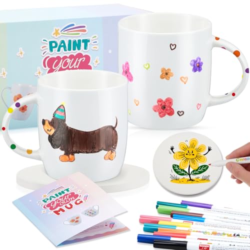 Geiserailie 2 Weiß Keramik Tassen Bemalen Set mit 2 Blanko Untersetzer 12 Porzellanstifte Tasse Bastelset Kaffeebecher DIY Geschenk für Erwachsene, Untersetzer Nicht im Ofen Erhitzen(Normaler Stil) von Geiserailie