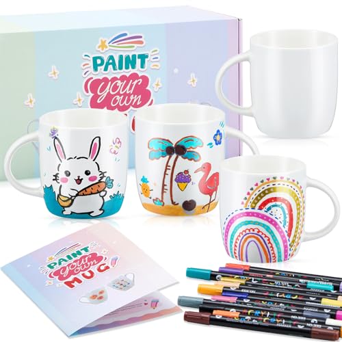 Geiserailie 4 Paintables Keramik Bemalen Set, Blanko Sublimationsbecher, Marker Stift mit 24 Farben Geschenk Partner Mädelsabend Termin Familienaktivitäten Freundin Tochter Geburtstag(Klassischer) von Geiserailie