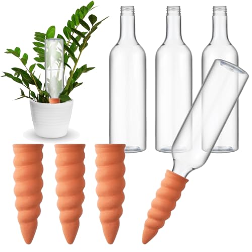 Geiserailie 4 Sets Automatische Bewässerungsgeräte für Pflanzen Terrakotta Tonkegel Bewässerung mit 750 ml Flaschen Pflanzenbewässerer Ton mit Langsamer Freisetzung Wasserspender Blumentopf Urlaub von Geiserailie