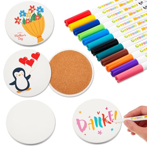 Geiserailie DIY Keramik Untersetzer Set Enthalten 4 Weiße Keramikuntersetzer mit Pad und 12 Porzellanstifte Keramik Rohlinge zum Bemalen Basteln Untersetzer zum Dekorieren(Runden) von Geiserailie