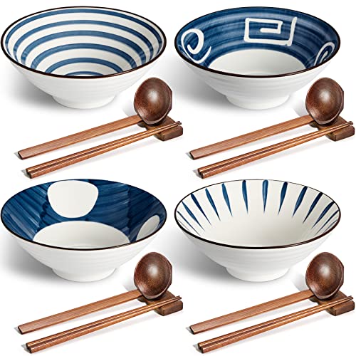 Ramenschüssel aus Keramik, 1,1 l, japanische große Nudelschalen mit Löffel, Essstäbchen und Stäbchen, Ständer für Udon, Soba, Pho, Nudeln, Ramen, Salat und Suppe, 4er-Set (Retro-Stil) von Geiserailie