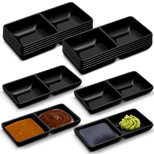 Gejoy 12 Stück Dual Dip-Saucenschalen, Sojasaucenschalen, zwei Fächer, Party-Tabletts, geteilte Fondueteller für Restaurant, Küche, Sushi, Soja, Schwarz von Gejoy