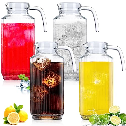 Gejoy 4 Stück 1,700 ml Glaskrug mit Deckel Kühlschrank Krug Saftkrug Glas Wasserkrug Getränkebehälter Krug für Kühlschrank Eistee Limonade Milch Cocktails kalt von Gejoy