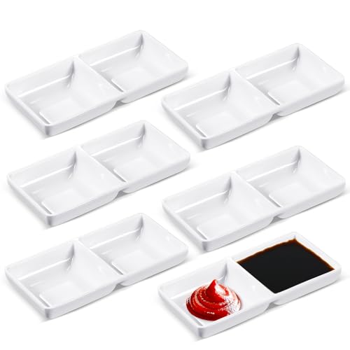 Gejoy 6 Stück Dual Dip-Saucenschalen, Sojasaucenschalen, zwei Fächer, Party-Tabletts, geteilte Fondueteller für Restaurant, Küche, Sushi, Soja (weiß) von Gejoy