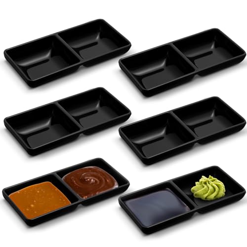 Gejoy 6 Stück Dual Dipping Saucenschalen Sojasauce Schalen Zwei Fächer Party Tabletts Unterteilte Fondueteller für Restaurant Küche Sushi Soja (Schwarz) von Gejoy