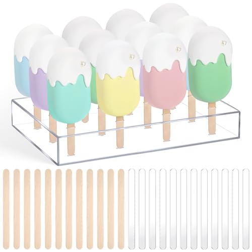 Gejoy Cakesicle Ständer mit 12 Löchern, Acryl, Cakesicle Ständer mit 12 wiederverwendbaren Acrylstäbchen und 50 Stück Holzstäbchen, transparenter Eishalter für Desserttisch, Geburtstag, Hochzeit von Gejoy