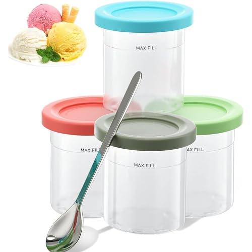 Creami Behälter 4 Stück, Eisbehälter für Speiseeis mit Deckel und Löffel Kompatibel mit Ninja Creami NC299AMZ NC300 NC301, Wiederverwendbare Creami Pint Behälter BPA-frei, Spülmaschinenfest von Gekufa