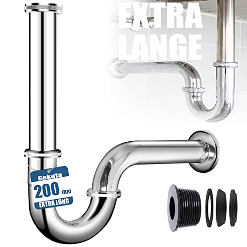 Universal Siphon【Extra Lang 200MM Tauchrohr】Syphon Badezimmer Waschbecken bad 1 1/4" Edelstahl rostfrei sifon Abflussrohr röhrensiphon abfluss ablaufgarnitur inkl Gummimanschette von Gekufa