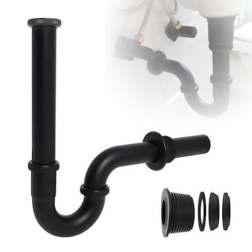 Siphon Waschbecken Schwarz【Extra Lang 200mm Tauchrohr】Universal Syphon Badezimmer Waschbecken 1 1/4" Massives Messing sifon Abflussrohr röhren siphonabfluss inkl Gummimanschette (Schwarz Matt) von Gekufa