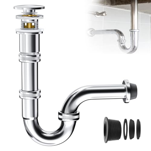 Universal Syphon Badezimmer Waschbecken bad + Pop Up Ablaufgarnitur Waschbecken mit überlauf für Alle Standard 1 1/4" Edelstahl rostfrei sifon Abflussrohr röhrensiphon, Edelstahl Chrom von Gekufa