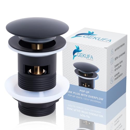 Ablaufgarnitur Waschbecken Mit Überlauf Schwarz – Pop Up Click-Clack Ablaufventil G1¼ Standard, Zinklegierung mit schwarzer Beschichtung, Kupferkern, Einfache Reinigung von Gekufa
