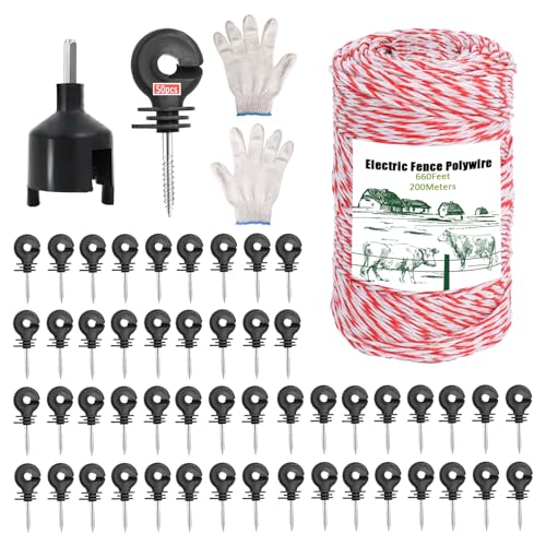 Weidezaunlitze 200M und 50 Pcs Weidezaunisolatoren Upgraded,6 Stahl Litzen Elektrozaun Draht mit 1 Pcs Isolator Socket Tool,Portable Elektrozaun Poly Draht Seil Linie von Gekufa