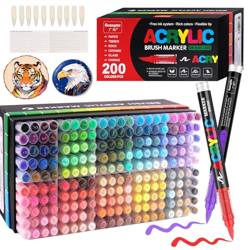 Gelanty Acrylstifte, 200 Farben Acrylic Marker mit flexibler Pinselspitze, Direktflüssigkeit Acrylic Paint Marker für Felsmalerei, Keramik, Holz, Glas von Gelanty