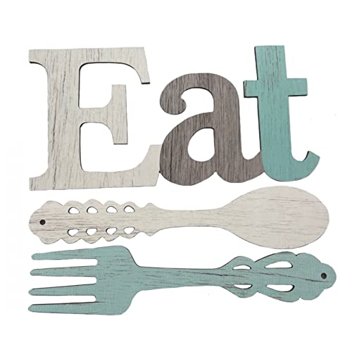 Set mit EAT-Schild, Gabel und Löffel, Wanddekoration, niedliche Ess-Buchstaben für Küche und Zuhause, dekorative hängende Holzbuchstaben, Landhaus-Wandkunst zum Aufhängen im Esszimmer, Hellblau, Set mit EAT-Schild, Gabel und Löffel, Wanddekoration, niedliche Ess-Buchstaben für Küche und Zuhause, dekorative hängende Holzbuchstaben, Landhaus-Wandkunst zum Aufhängen im Esszimmer, Hellblau, von Gelb&Schwarz
