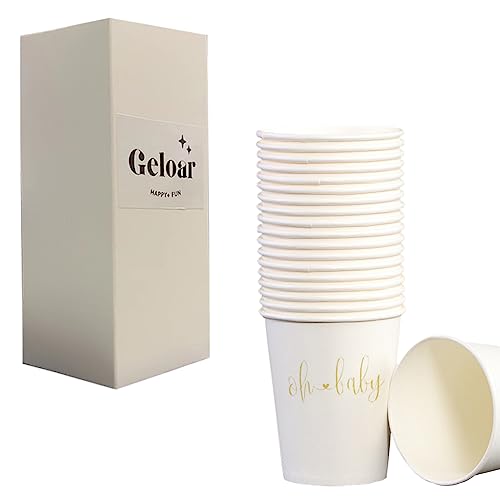 Geloar Oh Baby Partybecher für Babyparty, 20 Stück 266 ml Gold Oh Baby Einweg-Papier-Partybecher für Babyparty Baby Welcome Party (Oh Baby Heart Cups) von Geloar
