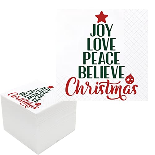 Geloar Weihnachts-Cocktail-Servietten, 100 Stück Joy Love Peace Believe Weihnachtsbaum Papierservietten für Merry Xmas Geburtstag Urlaub Party Tischdekoration 2-lagig, 12,7 x 12,7 cm (Joy Love Peace von Geloar