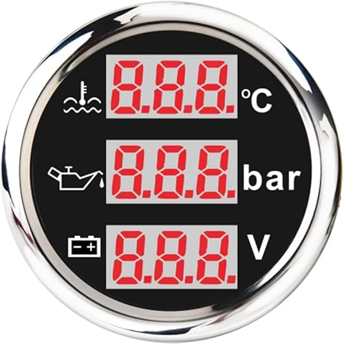 Geloo 52 mm 3-in-1 Voltmeter + Wassertemperatur Temperaturanzeige + Öldruckanzeige, Wasserdichter Edelstahl Stressrahmen, Ölkraftstoff Füllstandsanzeige mit Alarm für Auto, Boot, Marine, Yacht 9-32V von Geloo