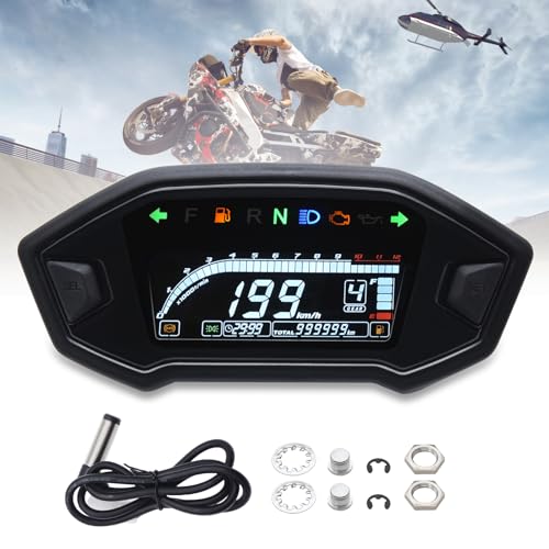 Geloo 12000 U/min Motorrad Tachometer Universal LCD Digital Hintergrundbeleuchtung Motorrad Wasserdicht Tachometer Kilometerzähler Gauge 199km/h für 1,2,4 Zylinder von Geloo