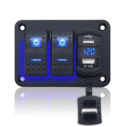 Geloo 2 Gang Schalter Panel Wasserdicht, 12V/24V Marine Schalttafel Wippschalter mit 4,8A Dual-USB LED Voltmeter Kippschalter für Auto Boot LKW Wohnmobil von Geloo