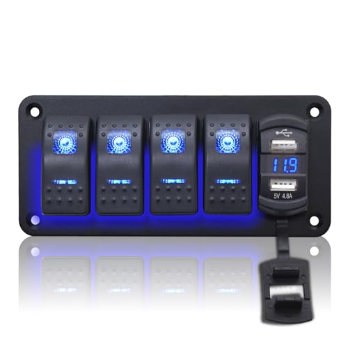 Geloo 4 Gang Schalter Panel Wasserdicht, 12V/24V Marine Schalttafel Wippschalter mit 4,8A Dual-USB LED Voltmeter Kippschalter für Auto Boot LKW Wohnmobil von Geloo