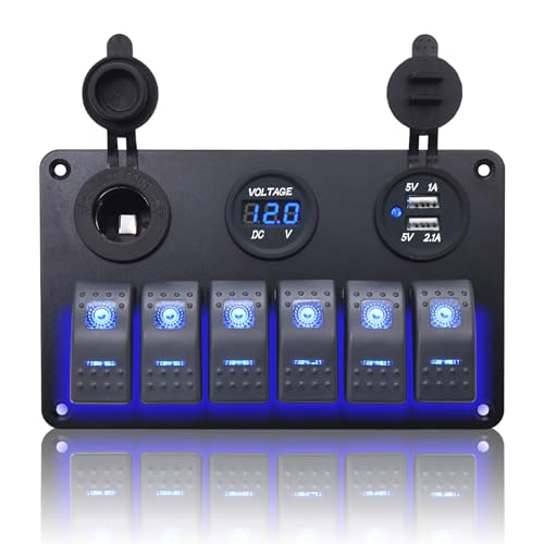 Geloo Wasserdichtes Boot Wippschalter Panel 6 Gang Marine Schalter Panel mit 3,1A Daul USB-Buchse Zigarettenanzünder Steckdose Volt Meter für LKW Marine Boot Auto RV von Geloo