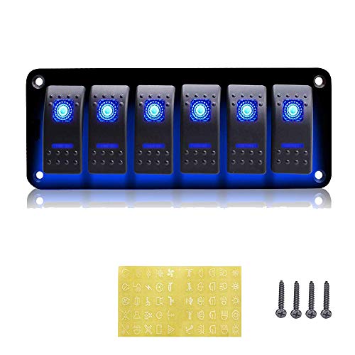 Geloo 6 Gang Wippschalter Panel für Boot Marine Kippschalter 12V/24V Wasserdicht Schalter Panel für Car RV Marine Boot Truck (Blau) von Geloo