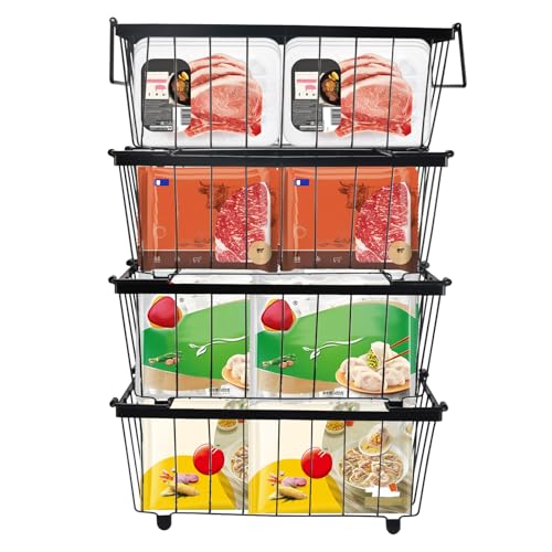Gefrierschrank Organizer Behälter, Gefriertruhe Organizer, Stapelbar, Gefriertruhe Körb mit Griffen für 5-7 Cu.Ft Kühlschrank, Rutschfester Boden, Einfacher Zugriff auf Tiefkühlkost (Schwarz, 4 Stk) von GeluEla