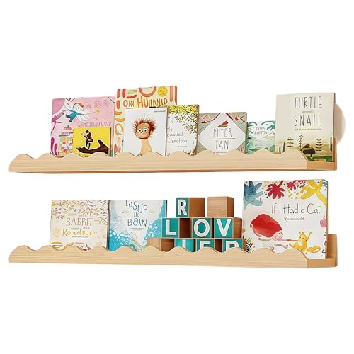 GeluEla 2er Set Bücherregal Wandregal Schweberegal Weißes Wandregal Wellen-Schweberegal Bilderregal für Wanddekoration und Aufbewahrung (42 x 12 x 5 cm) (Holzfarbe) von GeluEla