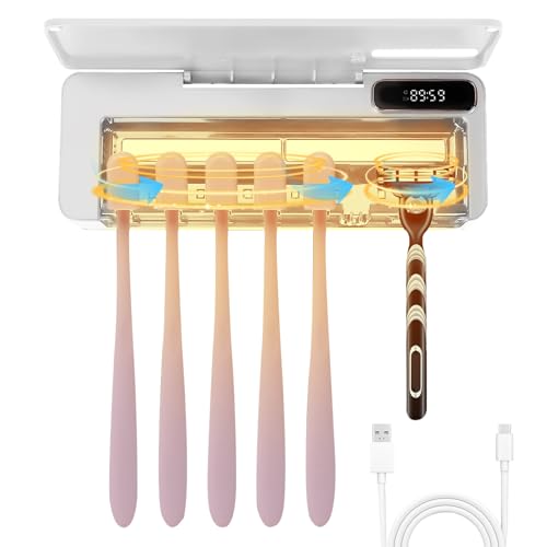 UV-Zahnbürsten-Desinfektionsmittel, Desinfektions Zahnbürstenhalter mit Trocknen, Zahnbürste Sanitizer Halter, Wiederaufladbare Wand Montiert Zahnbürste Sterilisator für Reisen (Weiß) von GeluEla