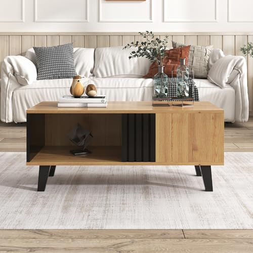 100 x 60 x 45 cm großer Couchtisch im Design aus farbigem Holz und Schwarz, Wohnzimmertisch mit Schubladen-Beistelltisch, vielseitiger Aufbewahrung und einzigartigem Aussehen von Gelukueub